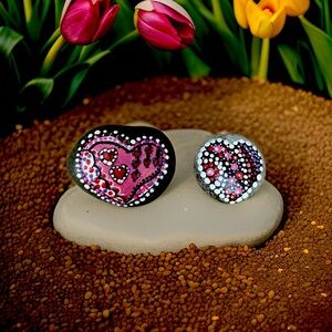 Hand crafted painted heart rocks set of 2 black purple red pink white dotted